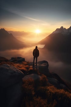 a man is standing on a mountain. photo