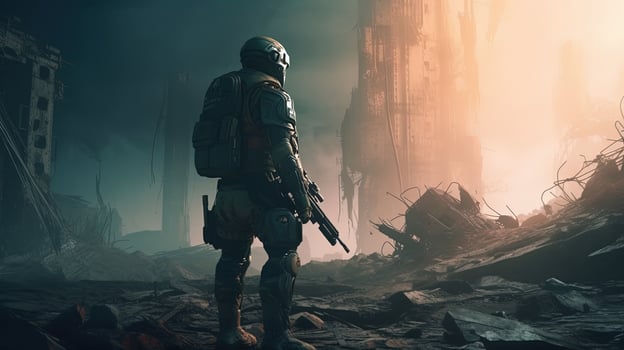 futuristic soldier on ruined city, digital art illustration, photo
