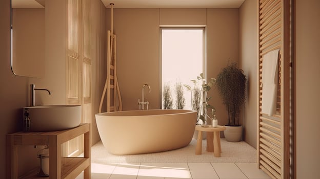 Minimal interior design bathroom with beige cozy tone style, decorate with wooden decor, bathtub, sink, towels, and brown tone background, empty wall for mock up and banner, with . photo
