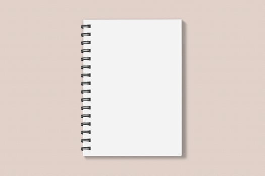Realistic spiral notebook blank cover mockup flatlay. Simple blank note book mock up on clean background top view. White empty notepad cover to place your design, flat lay concept photo