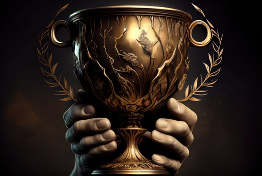 Hands holding golden trophy cup on dark background. Business and sport successful concept. photo