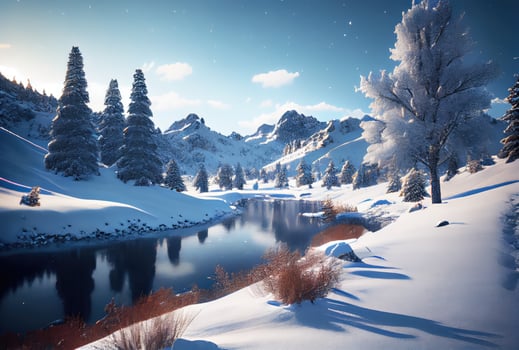 Snowy landscape with lake and pine tree mountain scene background. Nature and rural scene concept. Digital art illustration. photo
