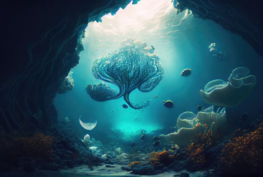 Deep sea and aquatic life with sunshine background. Digital art illustration. Marine life and undersea concept. photo