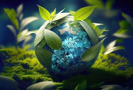 Water drop in earth shape with green leaves in the jungle. World Environment Day and World Water Day concept. Environmental protection theme. photo