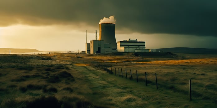 , . Nuclear atomic power plant electric stration. Dark mood ecology danger vibe. Graphic Art photo