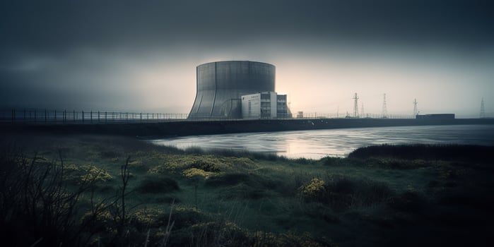 , . Nuclear atomic power plant electric stration. Dark mood ecology danger vibe. Graphic Art photo