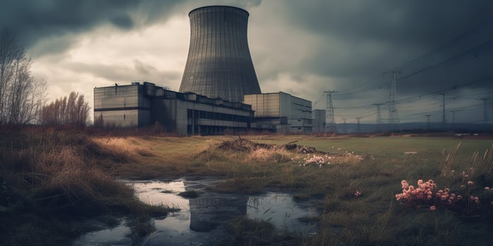 , . Nuclear atomic power plant electric stration. Dark mood ecology danger vibe. Graphic Art photo