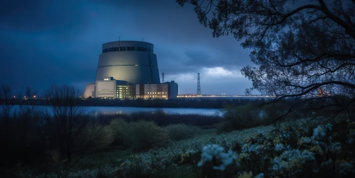 , . Nuclear atomic power plant electric stration. Dark mood ecology danger vibe. Graphic Art photo