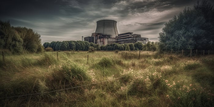 , . Nuclear atomic power plant electric stration. Dark mood ecology danger vibe. Graphic Art photo