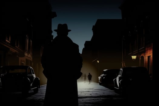 Silhouette of man in old fashioned hat and coat at night street. photo