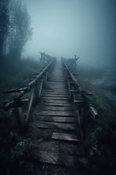 Old wooden bridge leading to nowhere in the fog, broken, gloomy dark blue, mysterious, loneliness. photo