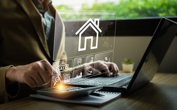 real estate investment concept, buy house, location, energy efficiency rating and property value, Real estate online on virtual screens. home search, land price, property tax, real estate market photo