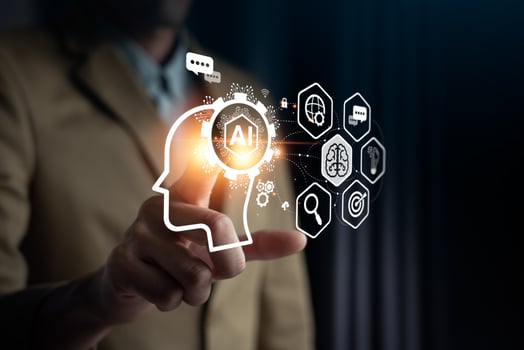 Businessman touching the brain working of Artificial Intelligence Automation, Predictive analytics, Customer service AI-powered chatbot, analyze customer data, business and technology photo