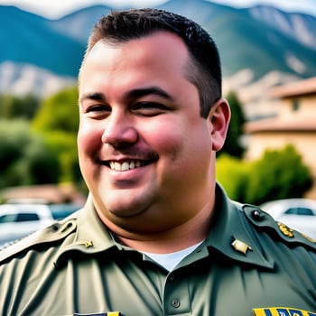 Detailed Police Officer Smiling with Mountainous Background photo