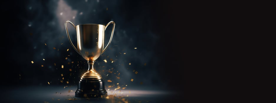 , Winner trophy with flames, golden champion cup with falling confetti on dark background photo
