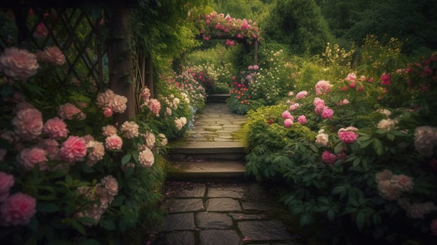 , Beautiful summer private garden with many flowers and plants, nature landscape, english countryside cottage style photo