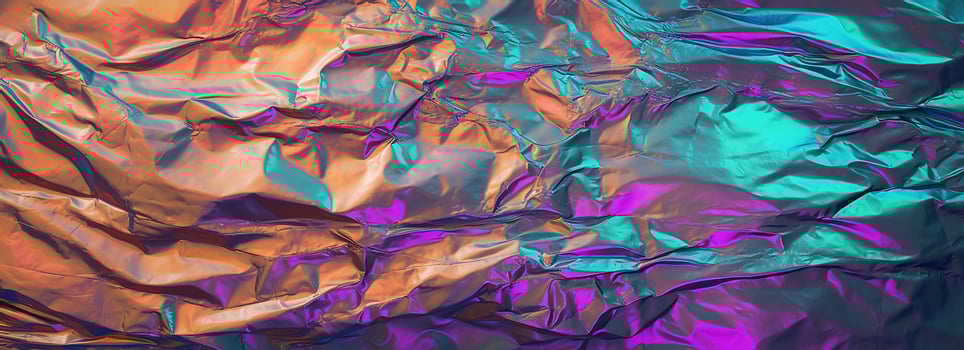 Banner with abstract holographic background . Modern pastel neon blue, purple, mint colored metallic psychedelic holographic foil texture.3d render. photo