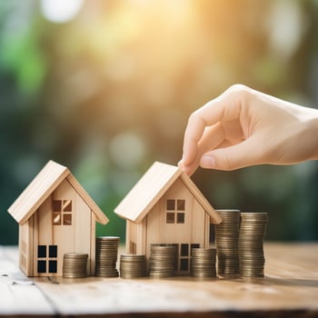 hand placing coins on wooden house model. photo