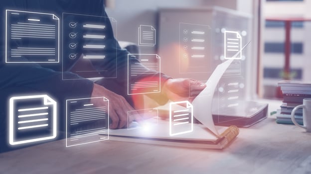Document data system Report  HR technology Concept Businessman Manager  checking  white documents reports papers of files icon in modern office photo