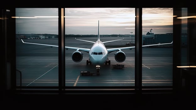 Airplane behind a big window in an airport. . photo