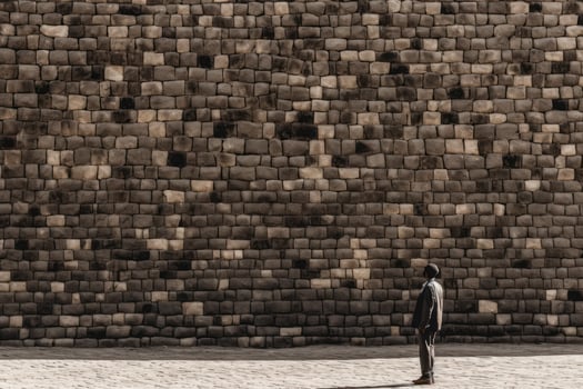 man on the background of the mockup of a high empty stone wall photo