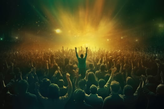Fans waving hands in a concert at night photo. photo