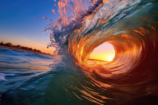 The large ocean wave hitting the shore at sunset. photo