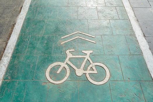 bicycle lane, traffic, city transportation and eco-friendly concept, green bicycle lane with bicycle signs photo