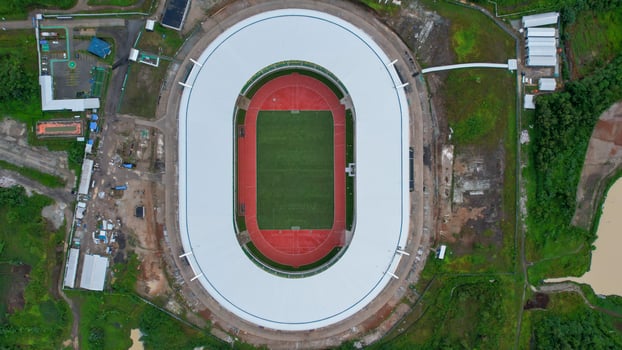 Aerial view of new football stadium for upcomming Indonesia Team. Banten International Stadium in the Serang. Banten, Indonesia, February 26, 2022 photo