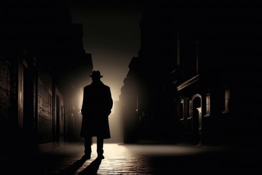 Silhouette of man in old fashioned hat and coat at night street. photo