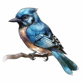 Blue jay bird isolated on white background. Hand drawn watercolor clipart, photo