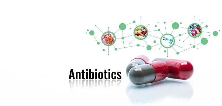 Antibiotic drugs. Prescription drugs. Antibiotic capsule pills. Antibiotic drug selection. Antibiotic drug research and development. Pharmaceutical industry. Quality control in drug production. GMP. photo