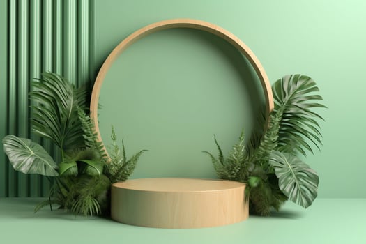 Wooden podium with tropicals leaf ai generate photo