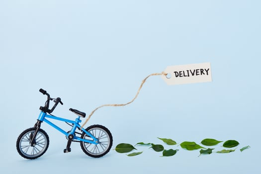 Creative eco delivery concept. Bicycle emitting green leaves and tag with delivery text on blue background photo