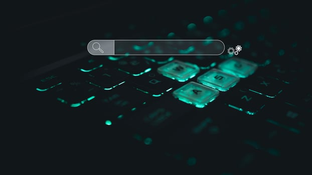 Keyboard and icons for searching. Represents the concept of searching for information from computer networks. search engine concept photo