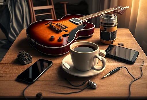 Photo music objects with guitar, gadget and coffee on the table in classic style. Beautiful electric guitar on with headphones and desktop musical creativity concept. World music day by