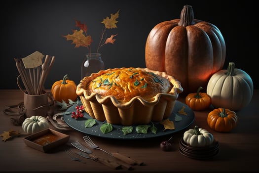 Thanksgiving day meal with pie, pumpkin, oranges, or roasted chicken in oven form. Flat lay assortment with delicious thanksgiving food. Happy thanksgiving day concept by photo