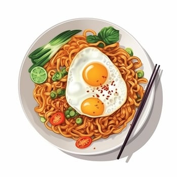 Fried noodles with egg, shrimp, tomato, cucumber. . photo