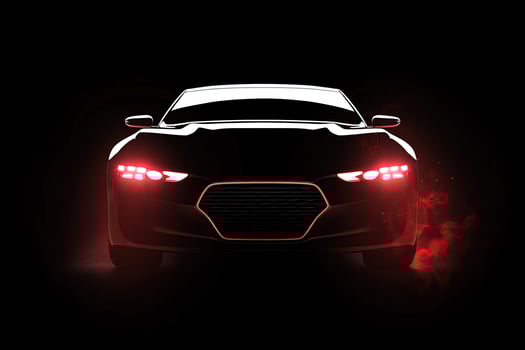 Front view dark silhouette of a modern luxury red car isolated on dark background with red neon light and smoke. photo