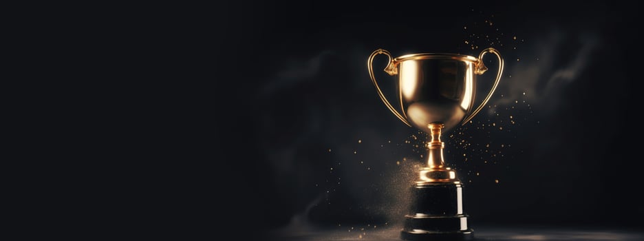 , Winner trophy with flames, golden champion cup with falling confetti on dark background photo