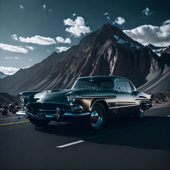 a Classic Car withy mountains in the background photo