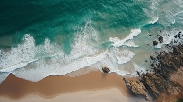 Airborne see of sandy shoreline with waves and clear sea water. photo