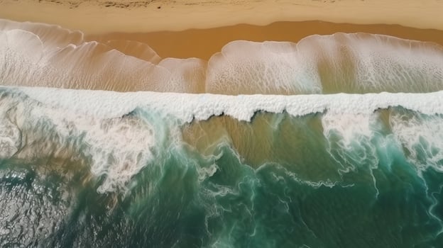 Airborne see of sandy shoreline with waves and clear sea water. photo