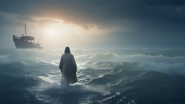 Jesus walks on water over the sea towards a watercraft in the midst of a storm. Scriptural subject concept. photo
