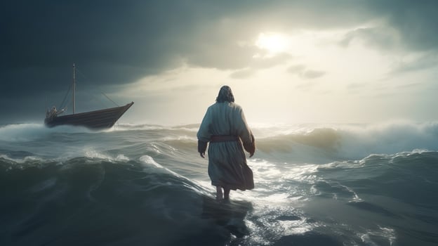 Jesus strolls on water over the ocean towards a watercraft within the middle of a storm. Scriptural subject concept. photo