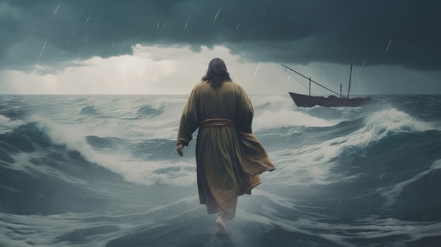 Jesus strolls on water over the ocean towards a watercraft internal parts the center of a storm. Scriptural subject concept. photo