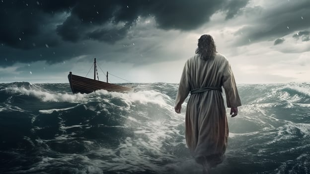 Jesus strolls on water over the ocean towards a watercraft interior parts the center of a storm. Scriptural subject concept. photo