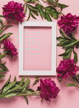 Blank paper beautiful burgundy peonies. Floral background top view flat layout. Frame of fresh flowers. Holiday concept. photo