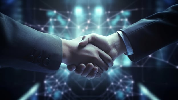 Crypto commerce handshake on back success and cash innovation resource foundation. photo