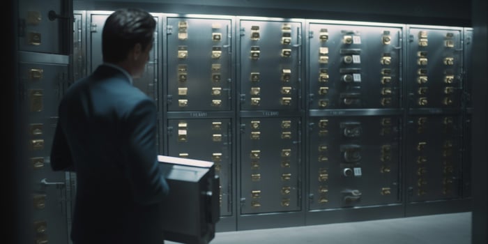 High-security safe with stainless steel lockers in a bank vault photo